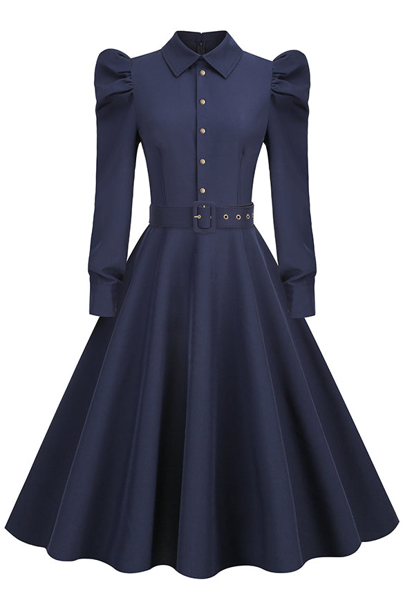 Dark Navy Long Sleeves Shirt Collar A-line Vintage Dress with Belt