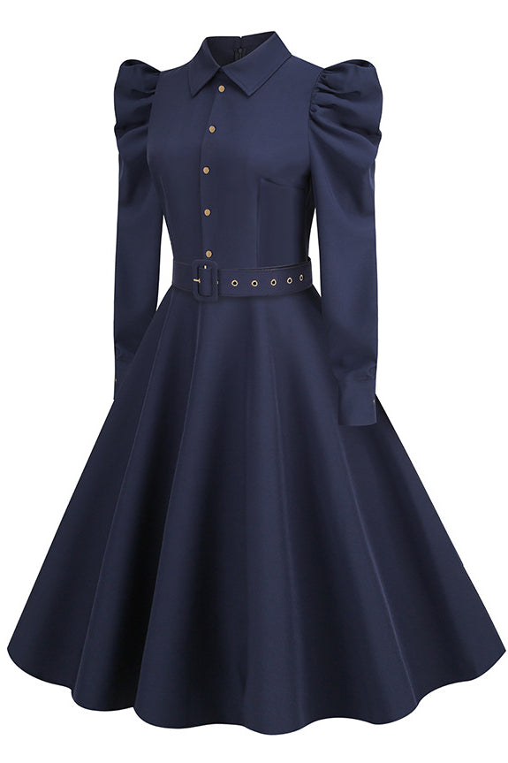 Dark Navy Long Sleeves Shirt Collar A-line Vintage Dress with Belt