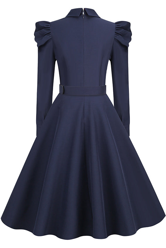 Dark Navy Long Sleeves Shirt Collar A-line Vintage Dress with Belt