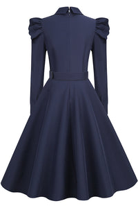 Dark Navy Long Sleeves Shirt Collar A-line Vintage Dress with Belt