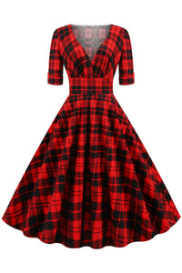 Red Surplice A-line Vinatge Dress with Black  Plaid