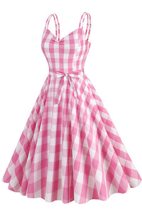 Pink Spaghetti Straps Plaid A-line Vintage Dress