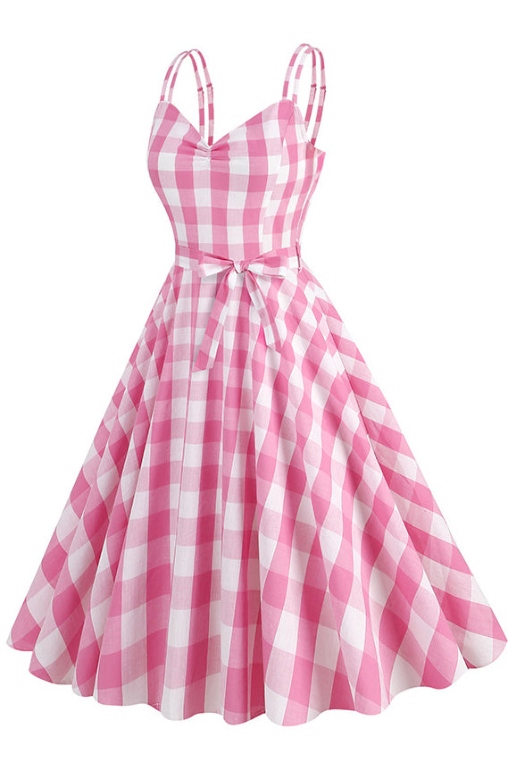Pink Spaghetti Straps Plaid A-line Vintage Dress