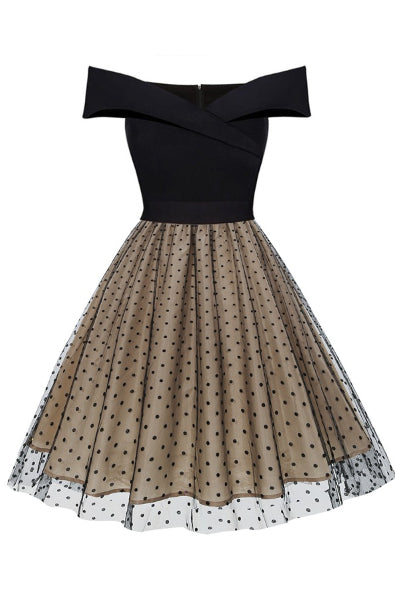 Apricot A-line Off-Shoulder Dotted Vintage Dress