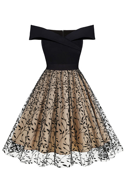 Apricot A-line Off-Shoulder Leaf Vintage Dress