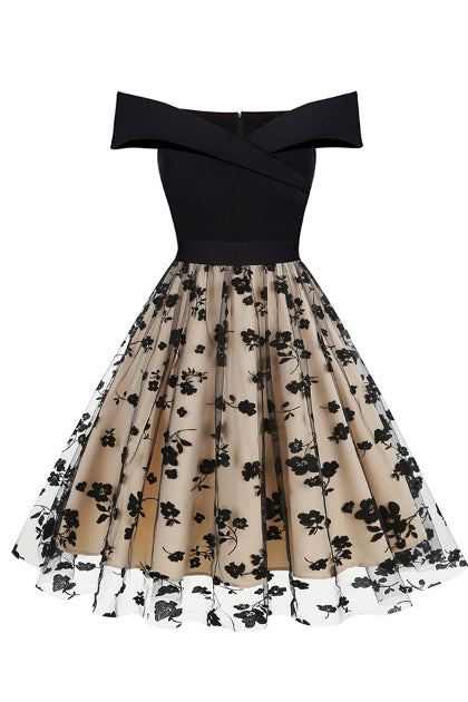 Apricot A-line Off-Shoulder Floral Vintage Dress