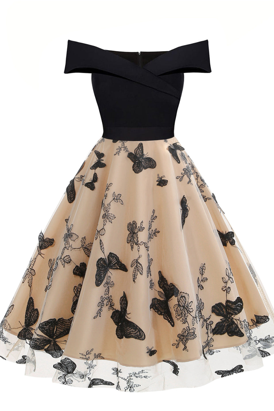 Apricot A-line Off-Shoulder Butterfly Vintage Dress