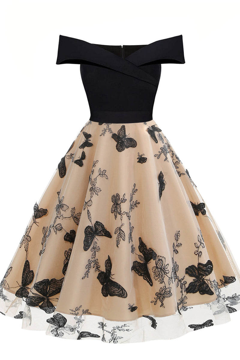 Apricot A-line Off-Shoulder Butterfly Vintage Dress