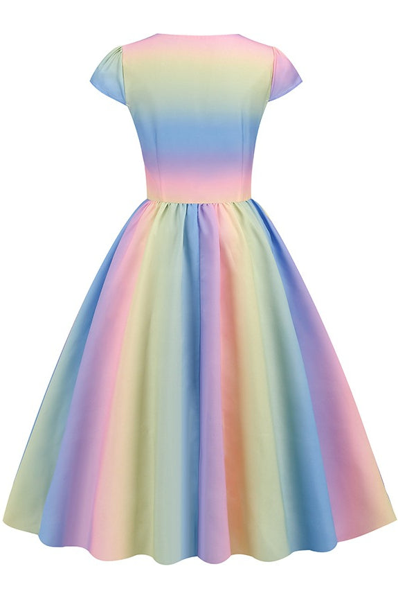 Rainbow Cap Sleeves A-line Vintage Dress