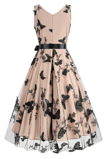 Apricot Sleeveless Surplice A-line Butterfly Vintage Dress with Sash