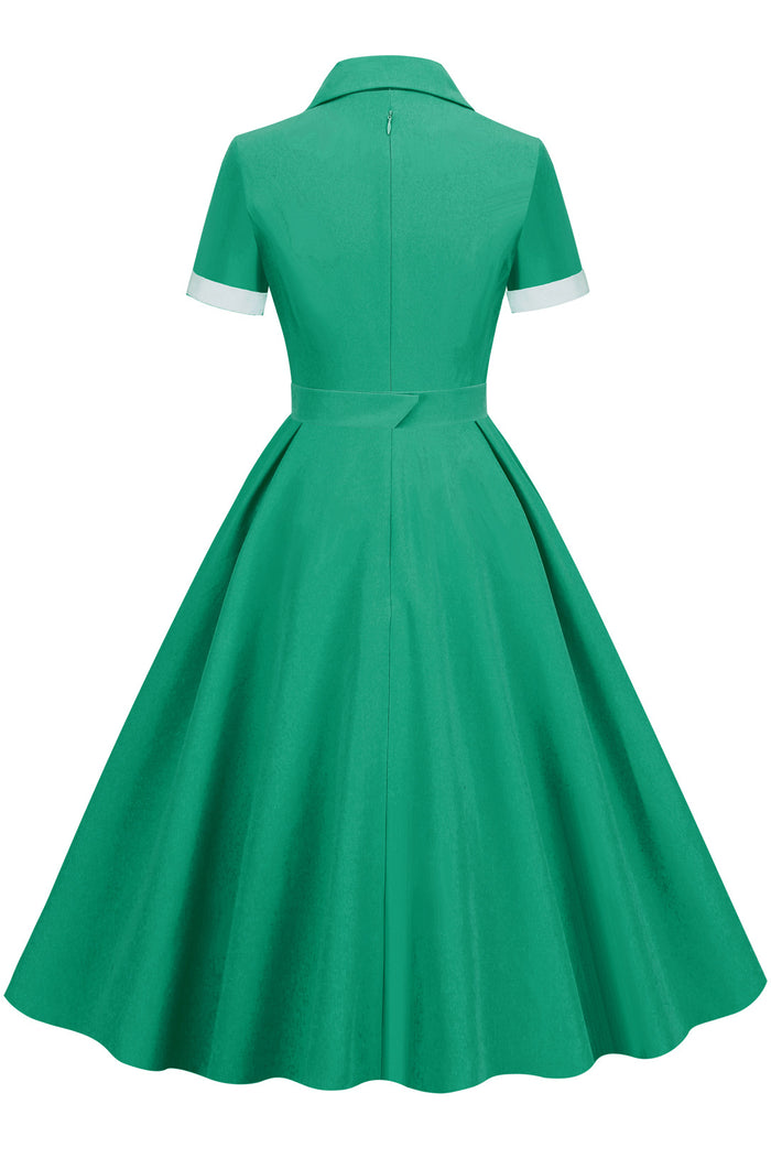 Herbene Green Shirt Collar A-line Dress