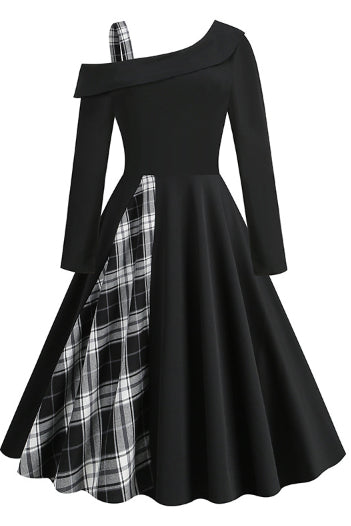 Black Plaid A-line Asymmetrical Neck Long Sleeves Vintage Dress