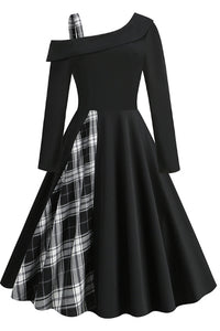 Black Plaid A-line Asymmetrical Neck Long Sleeves Vintage Dress