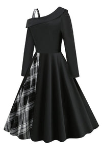 Black Plaid A-line Asymmetrical Neck Long Sleeves Vintage Dress
