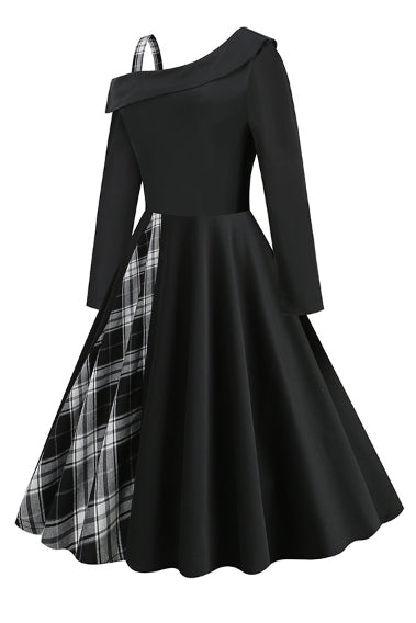 Black Plaid A-line Asymmetrical Neck Long Sleeves Vintage Dress