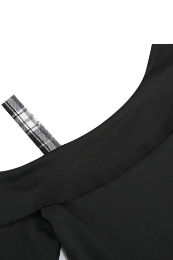 Black Plaid A-line Asymmetrical Neck Long Sleeves Vintage Dress
