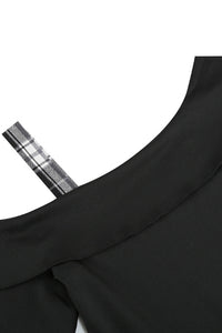 Black Plaid A-line Asymmetrical Neck Long Sleeves Vintage Dress