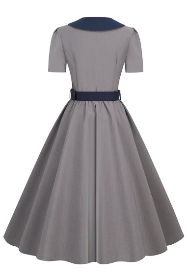 Grey Doll Collar A-line Vintage Dress with Belt
