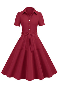 Wine Red Shirt Collar A-line Vintage Dress with Sash