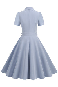 Light Blue Shirt Collar A-line Vintage Dress with Sash