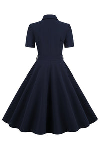 Dark Navy Shirt Collar A-line Vintage Dress with Sash