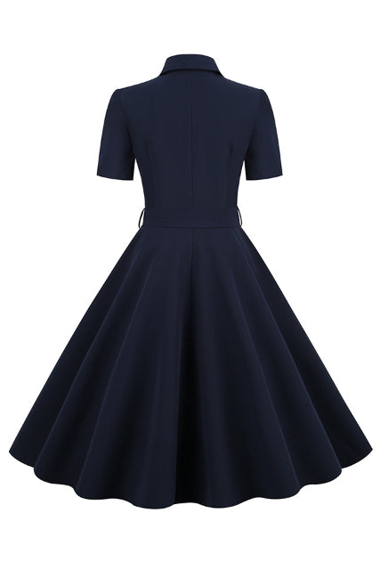 Dark Navy Shirt Collar A-line Vintage Dress with Sash