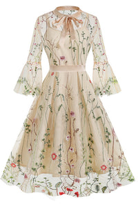 Apricot Illusion Neck Bell Sleeves A-line Vintage Dress with Butterfly