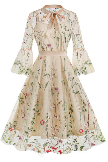 Apricot Illusion Neck Bell Sleeves A-line Vintage Dress with Butterfly