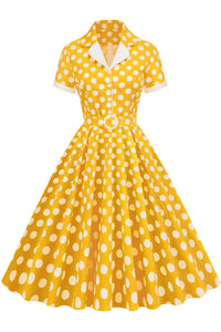 Herbene Yellow Dot Shirt Collar A-line Dress