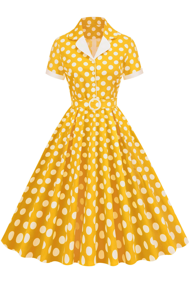 Herbene Yellow Dot Shirt Collar A-line Dress
