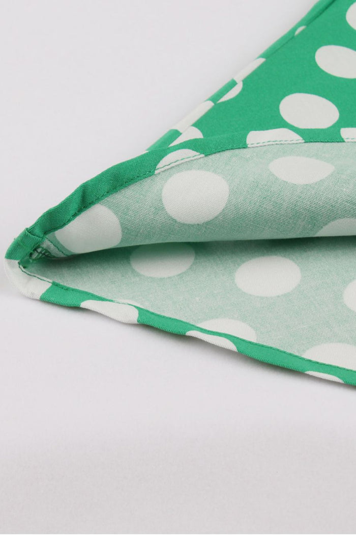 Green Dot Surplice Short Sleeves A-line Bow Tie Sash Vintage Dress