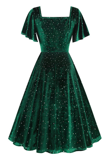 Hunter Green Beaded Flaunt Sleeves Square Neck Vintage Dress