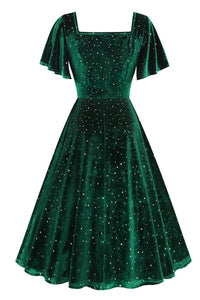 Hunter Green Beaded Flaunt Sleeves Square Neck Vintage Dress