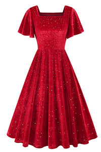 Red Beaded Flaunt Sleeves Square Neck Vintage Dress