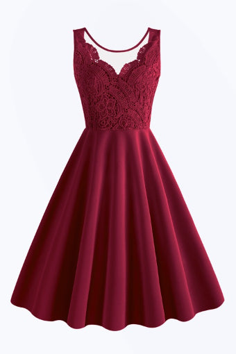 Wine Red Sleeveless Lace Top A-line Vintage Dress