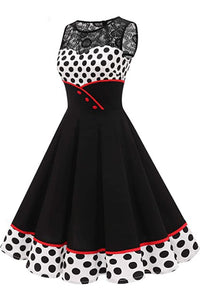 Black Lace Neck Sleeveless Dot A-line Vintage Dress
