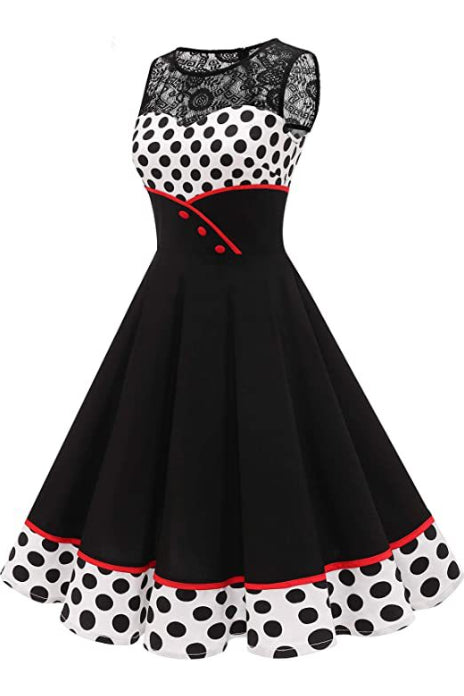 Black Lace Neck Sleeveless Dot A-line Vintage Dress