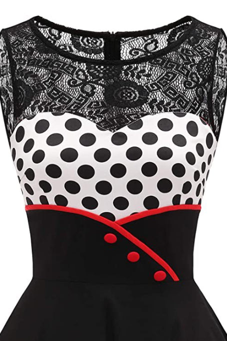 Black Lace Neck Sleeveless Dot A-line Vintage Dress