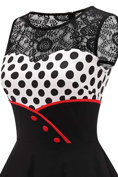 Black Lace Neck Sleeveless Dot A-line Vintage Dress