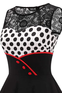 Black Lace Neck Sleeveless Dot A-line Vintage Dress
