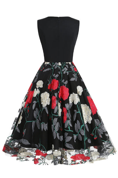 Black Floral Embroidery A-line Sleeveless Vintage Dress