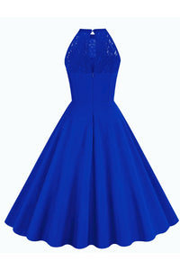 Royal Blue Illusion Neck Halter A-line Vintage Dress