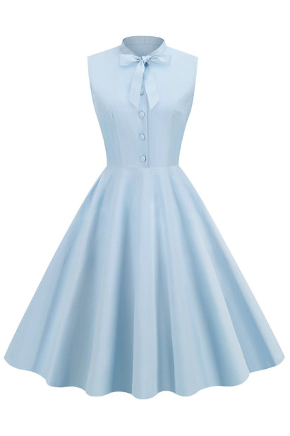 Light Blue Sleeveless Ribbon Neck A-line Vintage Dress