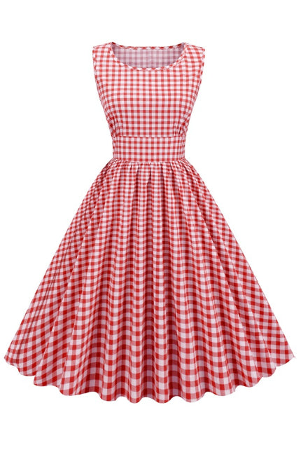Red Plaid Sleeveless A-line Vinatge Dress