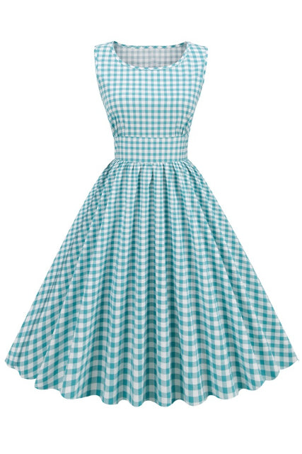 Blue Plaid Sleeveless A-line Vinatge Dress