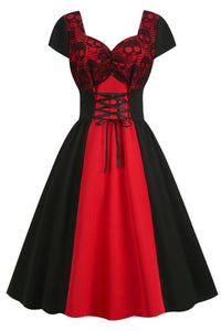 Red Cap Sleeves Lace A-line Lace-Up Vintage Dress