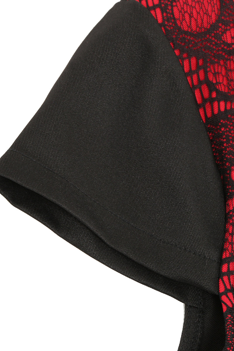 Red Cap Sleeves Lace A-line Lace-Up Vintage Dress