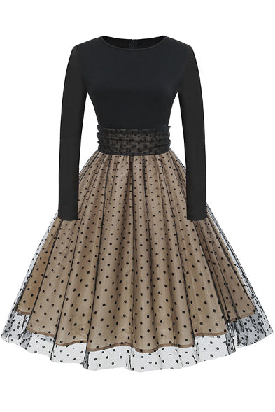 Apricot A-line Dot Long Sleeves Vintage Dress