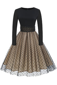 Apricot A-line Dot Long Sleeves Vintage Dress