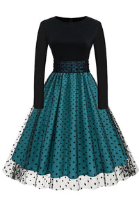 Green A-line Dot Long Sleeves Vintage Dress